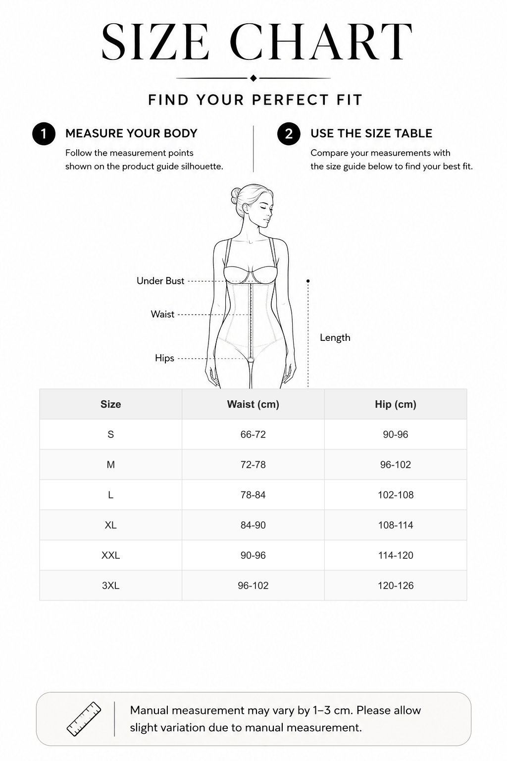 Full Body Compression Shapewear with Three Hook Open Crotch - FirmaActive size chart