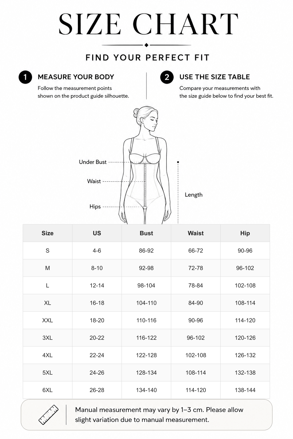 Large Size Postoperative Full Body Shaper with Front Zipper - FirmaActive size chart