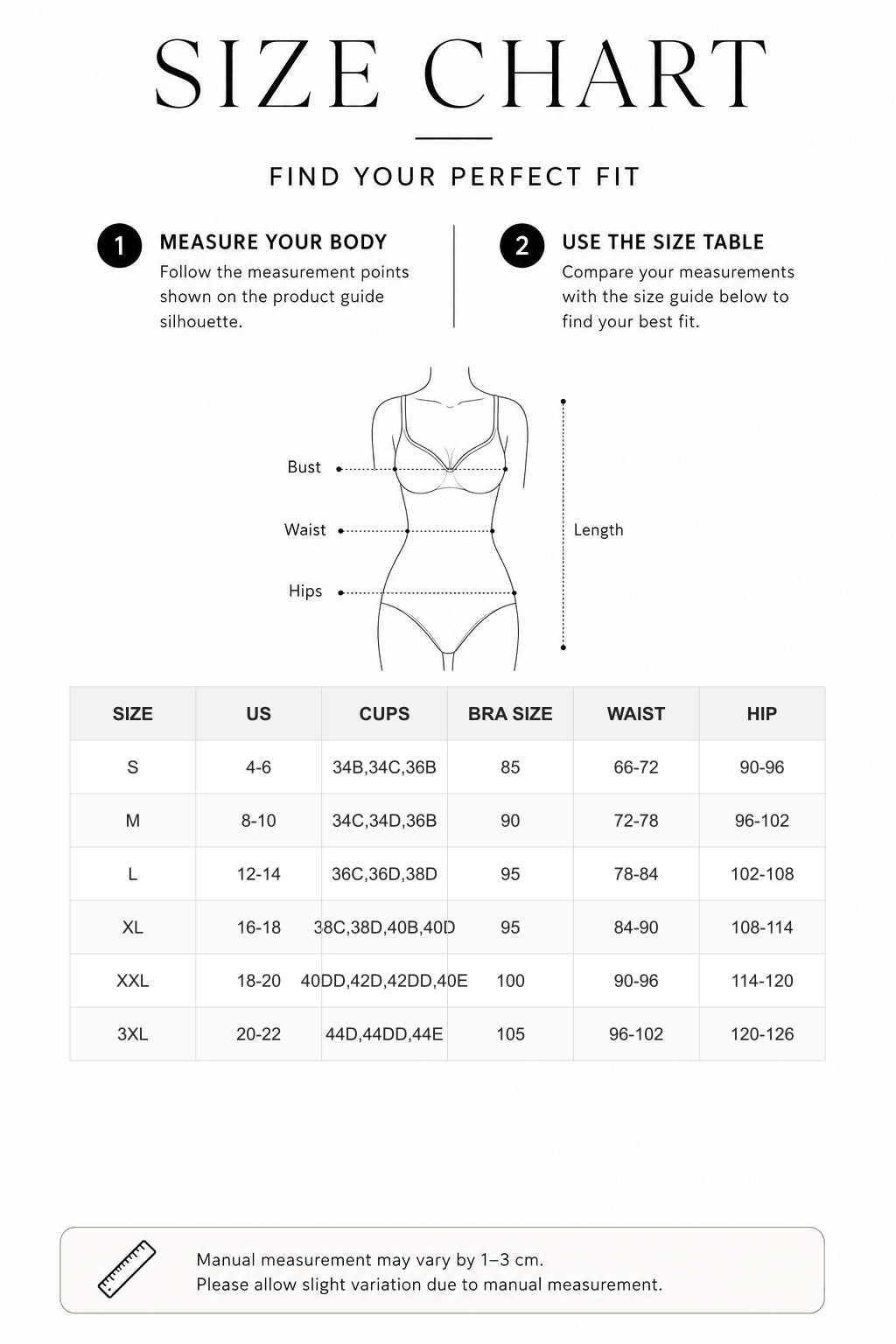One-Piece Bodysuit with Back Large U-shaped Design and 3/4 Cup – FirmaLift size chart