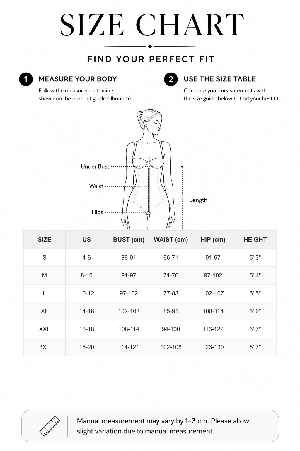 Plunge Low-Back Mid-Thigh Body Shaper with Removable Butt and Hips Pads - FirmaActive size chart