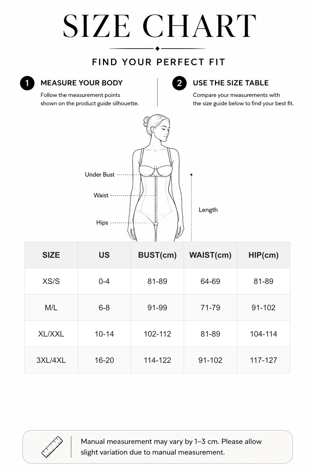 Seamless Bust Support Waist and Abdomen Shaping Butt Lifting Jumpsuit - FirmaSculpt size chart