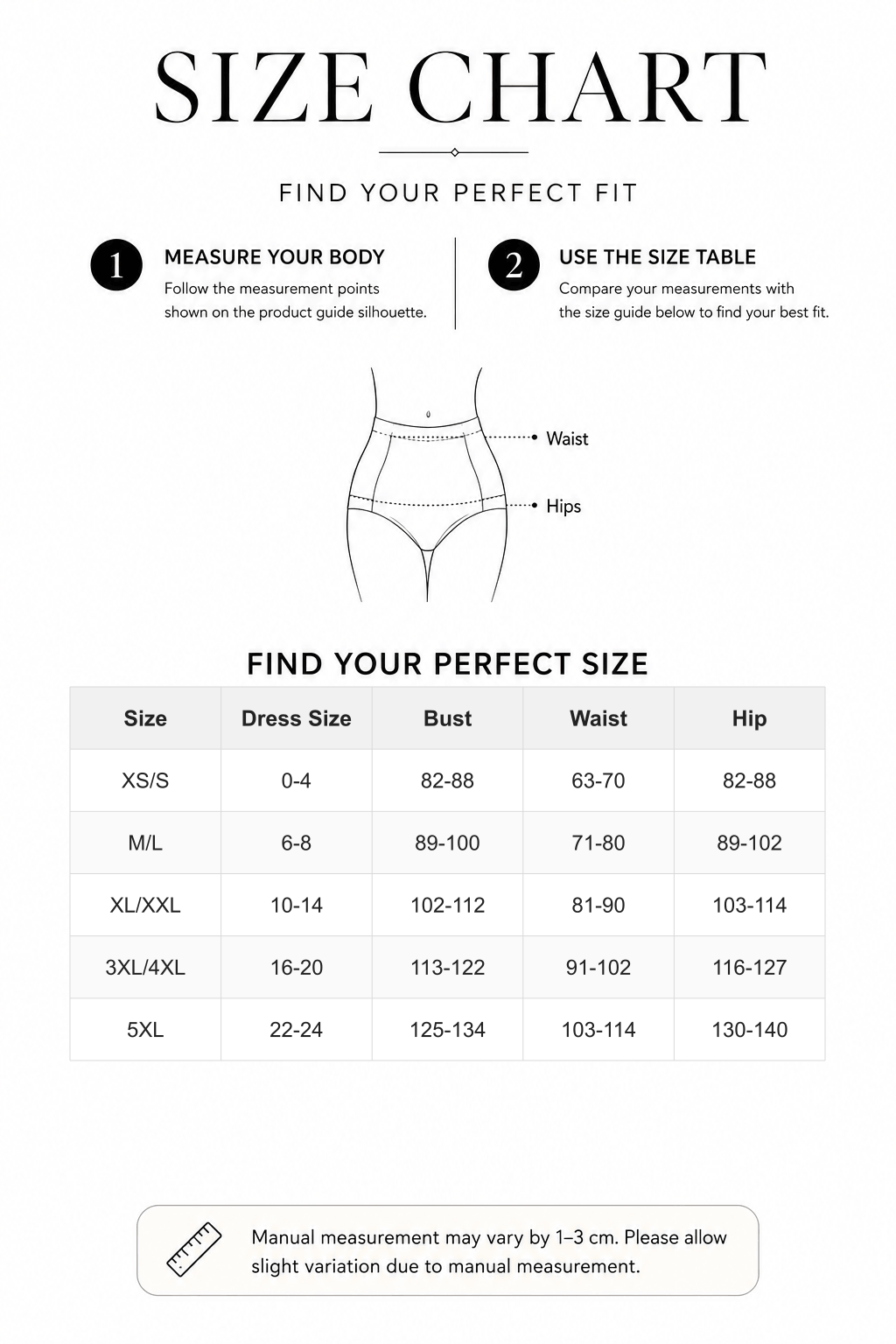 Seamless One-Piece Shapewear Briefs Tummy Control Hip Lift - FirmaSculpt size chart