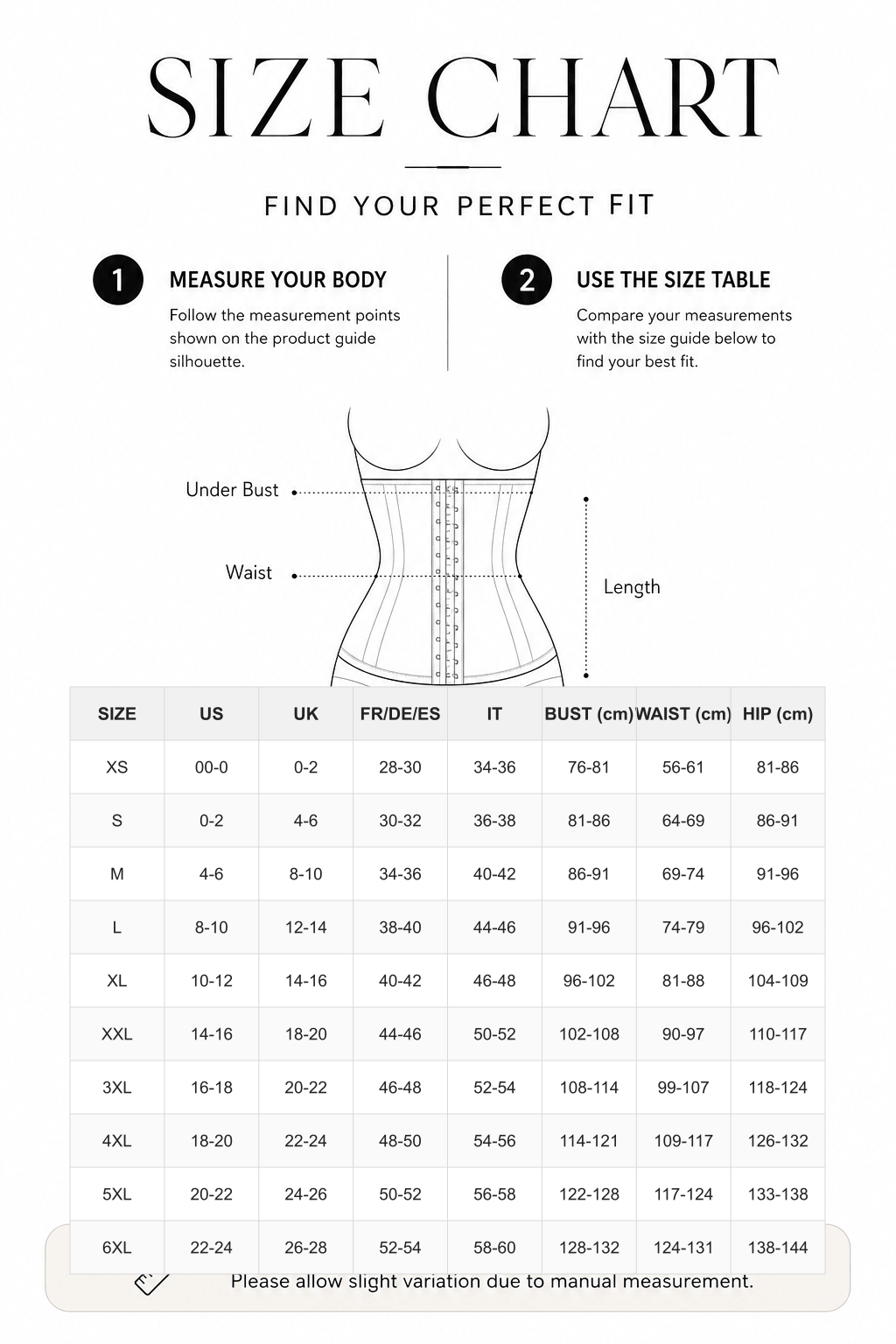 Post Surgery Full Body Shapewear with U-Shaped Chest Support and Waist Control - FirmaActive size chart