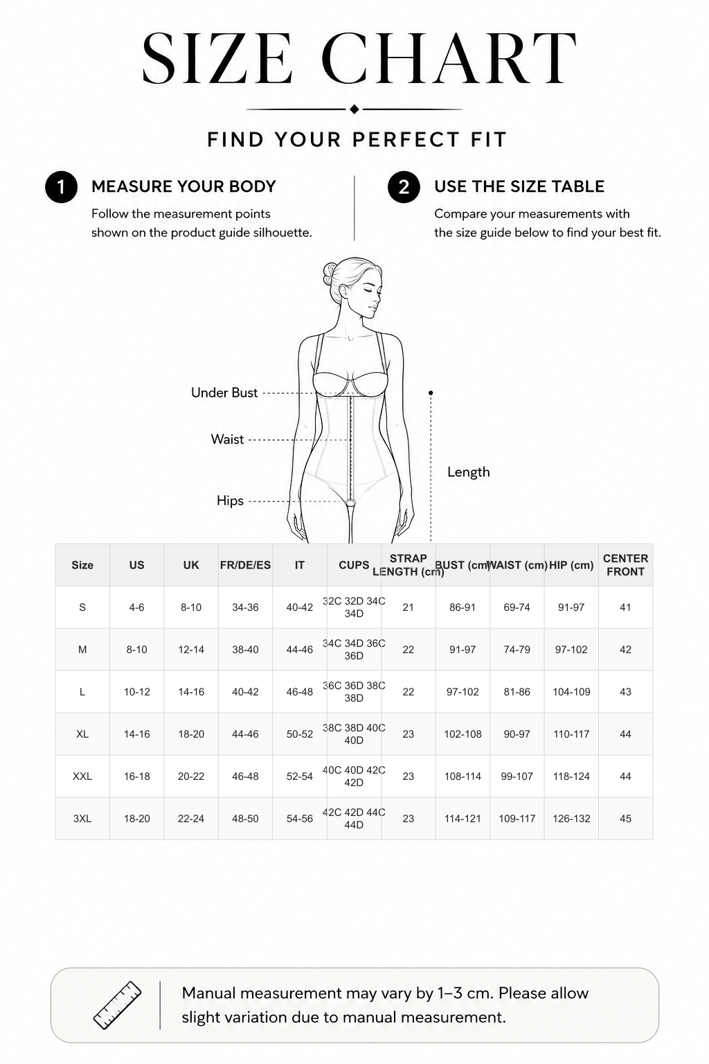 Wide Elastic Full Bust Compression Tummy Control Body Shaper - FirmaSculpt size chart